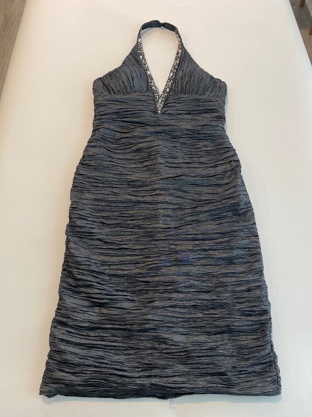 Daisy Gray Beaded Halter Cocktail Stretch Dress Women’s L Ruched Metallic Party